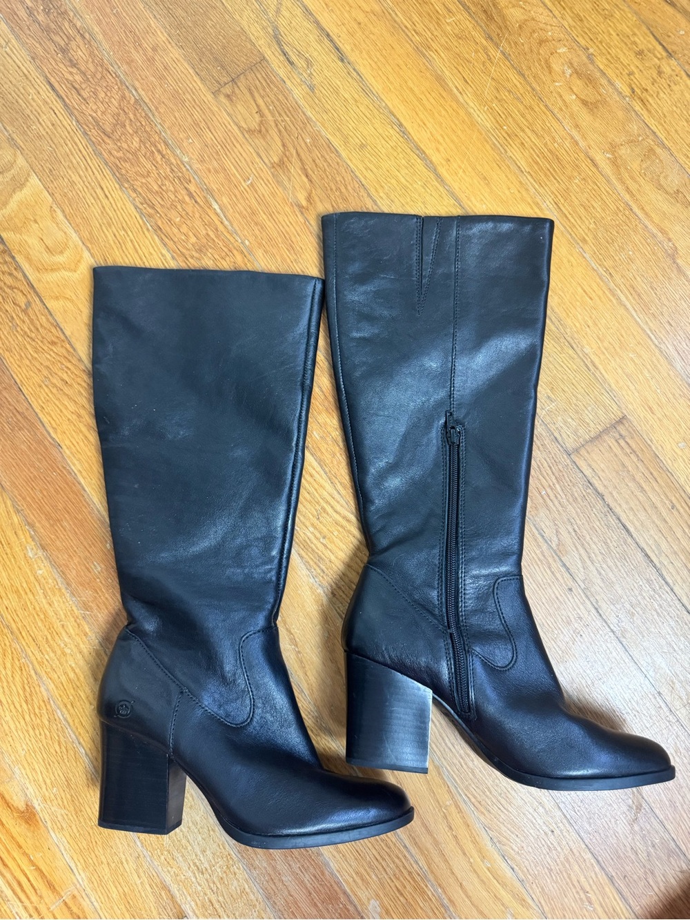 Born Black Leather Mid-Calf Block Heel Boots